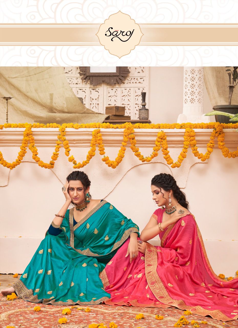 Saroj Pankhi Fancy Festive Wear Vichitra Silk Embroidery Work Saree Collection